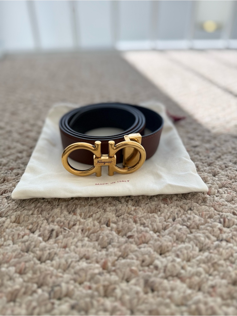 Salvatore Ferragamo ReversibleBrown Leather Belt with Gold Double Gancini Buckle
